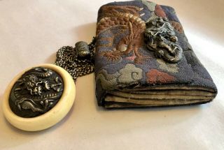 Antique Japanese Tobacco Pouch Leather Embroidered Dragon With Netsuke 6
