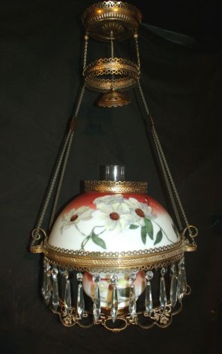 ANTIQUE MILLER HANGING OIL LAMP (MATCHING WHITE FLORAL SHADE AND FONT) 2