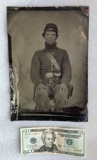 Antique Large Civil War Union Soldier Full Plate Tintype Photo Colorized Cheeks