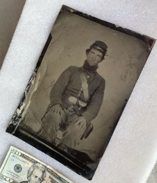 Antique LARGE Civil War Union Soldier Full Plate Tintype Photo Colorized Cheeks 2