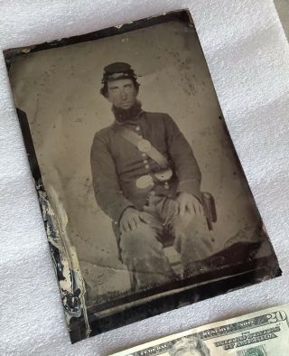 Antique LARGE Civil War Union Soldier Full Plate Tintype Photo Colorized Cheeks 3