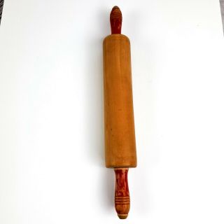 Vintage Wooden Rolling Pin 17 " Red Wood Handles Farmhouse Rustic