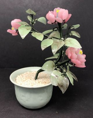 Vintage Chinese Glass Bonsai Cherry Blossom Tree W/ Jade Leaves & Pink Flowers