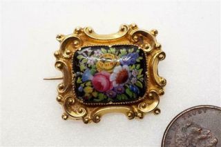 Lovely Little Antique Victorian 18k Gold Hand Painted Enamel Flowers Brooch