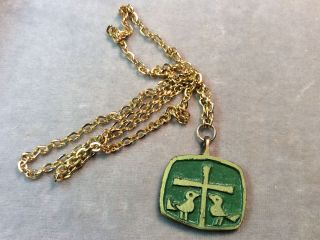 Lovely Vintage Gold Tone Green Cross Dove Necklace W/ 24 " Chain Abide In My Love