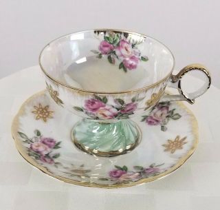 Vintage Lm Royal Halsey Very Fine Pearl Like Pink Roses Tea Cup And Saucer