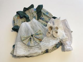 Vtg Doll Dress Clothes Blue Floral 16” Dolls Slip Pantaloons Shoes Bow
