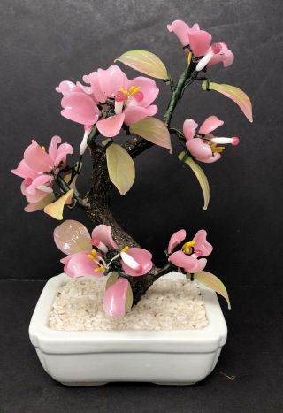 Vintage Chinese Glass Bonsai Cherry Blossom Tree W/ Green Leaves & Pink Flowers