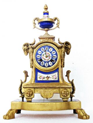 Antique French Japy Freres Striking Gilt Mantel Clock & Stand,  Blue Porcelain