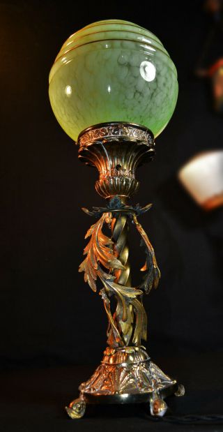 Vintage Edwardian C1910 Arts & Crafts Bronze Brass Lamp Marble Gilt Globe Shade