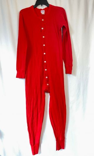 Vintage Mens Duofold Long Pajamas Thermal Wool Blend Red Size Large Back Button