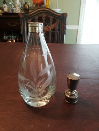 Antique Vintage Hawkes Etched Crystal & Sterling Silver Decanter 11 " Tall