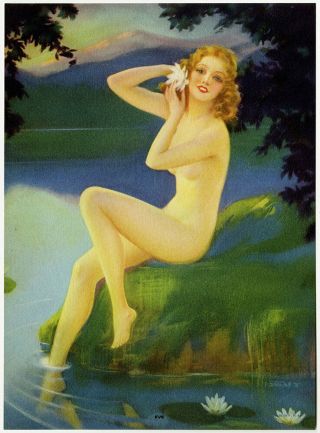Vintage 1930s Art Deco Pin Up Print By Jules Erbit Of A Radiant Sea Nymph Eve