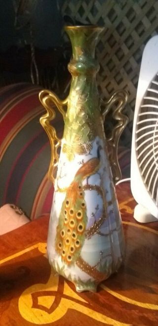 Ant Germany Art Nouveau Hand Painted Peacock Floral Gold Handled Porcelain Vase