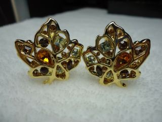 Vintage Nolan Miller Gold Tone Multi Color Rhinestone Leaf Clip Earrings