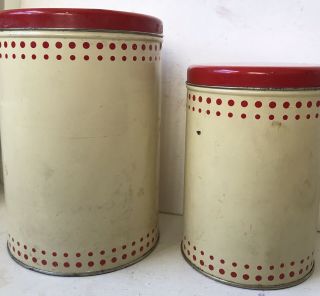 Vintage 1930 - 1940 Art Deco Red Polka Dot Canisters 2 Sizes Metal Small Flaws