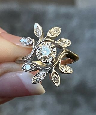 Vintage Antique 14k White Gold Diamond Flower Vine Floral Ring