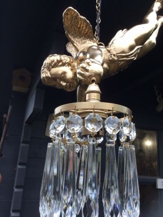 Restored French Antique Gilt Cherub Chandelier Double Hanging Pendant Light