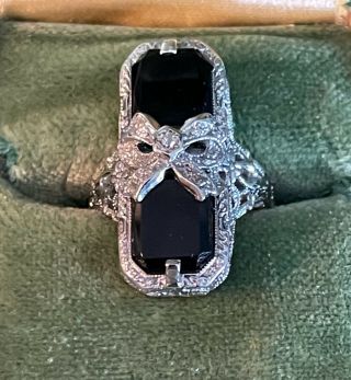 Antique Filigree Ring With Black Onyx & Diamond,  Baird - North Co.  Sz 4