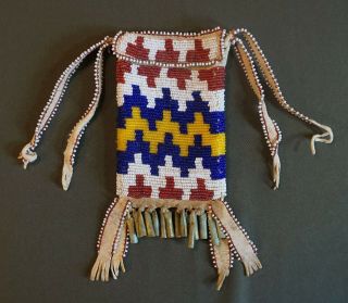 Old Native American Southern Plains Apache Beaded Strike - A - Light Bag Tin Cones
