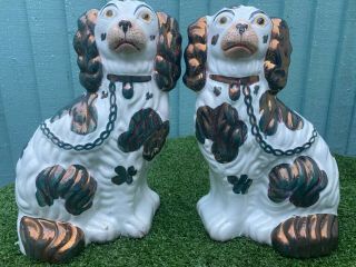 Pair Mid 19thc Staffordshire Copper Lustre & White Spaniel Dogs C1860s