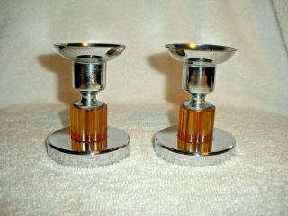 Vtg.  Art Deco Mid Century Candlesticks Farberware Chrome/ Bakelite Amber Lucite