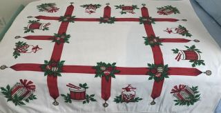 Vintage Tablecloth - Christmas Drums,  Presents,  Holly And Ornaments 52 X 43