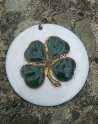 Vintage Green Enamel Four Leaf Clover Copper Pendant.