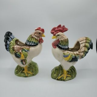 Set Of 2 Vintage Rooster & Hen Wall Pockets/planters/vases Country Kitchen