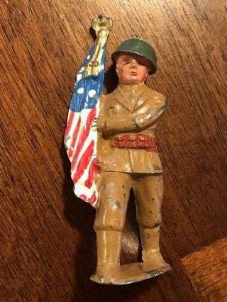 Vintage 1930’s Barclay Manoil Army Lead Toy Soldier W/ Flag & Finial