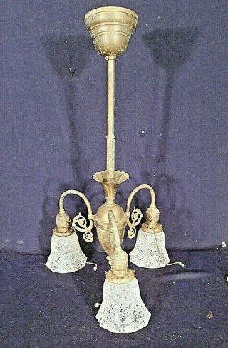 Antique Victorian 3 Arm Brass Chandelier With Frosted And Etched Shades