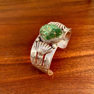 Vintage Jack Adakai? Navajo Sterling Silver Cuff Bracelet W/ Green Turquoise 7 "