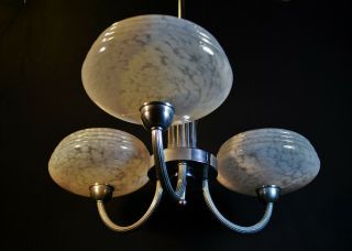 Vintage French Art Deco 3 Arm Chandelier Chrome Plate,  Handmade Marbled Glass