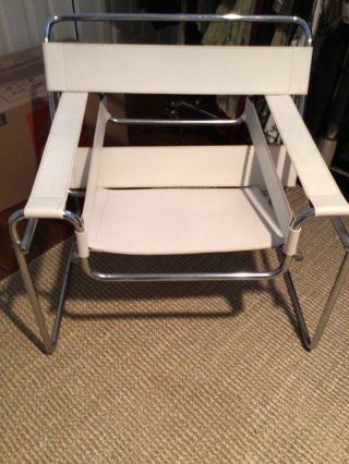 Set Of 2 - Vintage Marcel Breuer Wassily Style Chrome White Leather Chairs