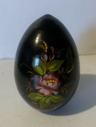 Russian Vintage.  Antique.  Hand Painted Lacquered Wood Egg.  Self Standing Signed