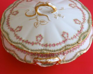 Antique Haviland Limoges Covered Vegetable Tureen Pink Roses Swags Double Gold