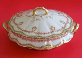 Antique HAVILAND LIMOGES Covered Vegetable Tureen Pink Roses Swags Double GOLD 2