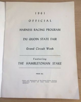 1961 Vintage Du Quoin Illinois State Fair Harness Racing Program (Hambletonian) 2