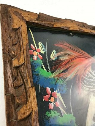 Vintage Bird Painting with Real Feathers in Unique Hand Carved Frame 2