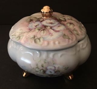 Vintage Floral Porcelain Powder Jar Candy Dish Hand Painted Morning Glory
