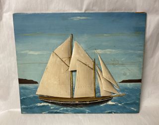 Vtg Or Antique Diorama Maritime Sailing Ship Sailboat Folk Art Handmade Unframed