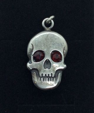 Antique Solid Silver Memento Mori Mourning Skull Pendant With Garnet Eyes.  12.  4g