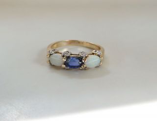 Vintage 14k Yellow Gold Opal,  Diamond & Sapphire Ring Great Stackable Size 8.  75