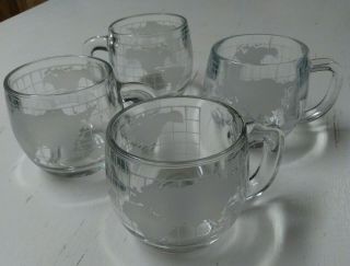 Vintage Set Of 4 Nestle Nescafe World Globe Etched Glass Coffee Cups Look