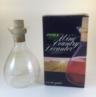 Vintage Pyrex Ware 1 Qt Wine Carafe Drink Country Decanter Wood Stopper Clear
