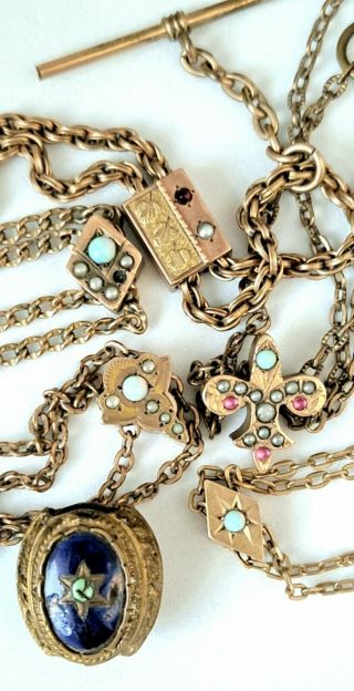12 Pc Antique Victorian Gf Gp Pocket Watch Chains W Fobs Slides Gemstones 132gr