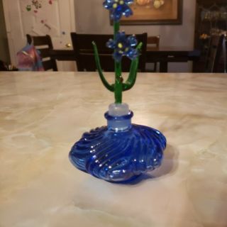 Vintage Cobalt Blue Perfume Bottle With Blown Glass Flower Dabber