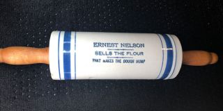 Advertising Western Stoneware Rolling Pin Blue Banded Ernest Nelson Antique