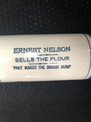 Advertising Western Stoneware Rolling Pin Blue Banded ERNEST NELSON Antique 2