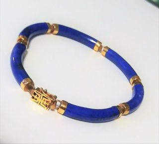 14k 585 Gold Lapis Lazuli Antique Bracelet 6 Panel Link Asian Clasp Chinese 7.  5 "